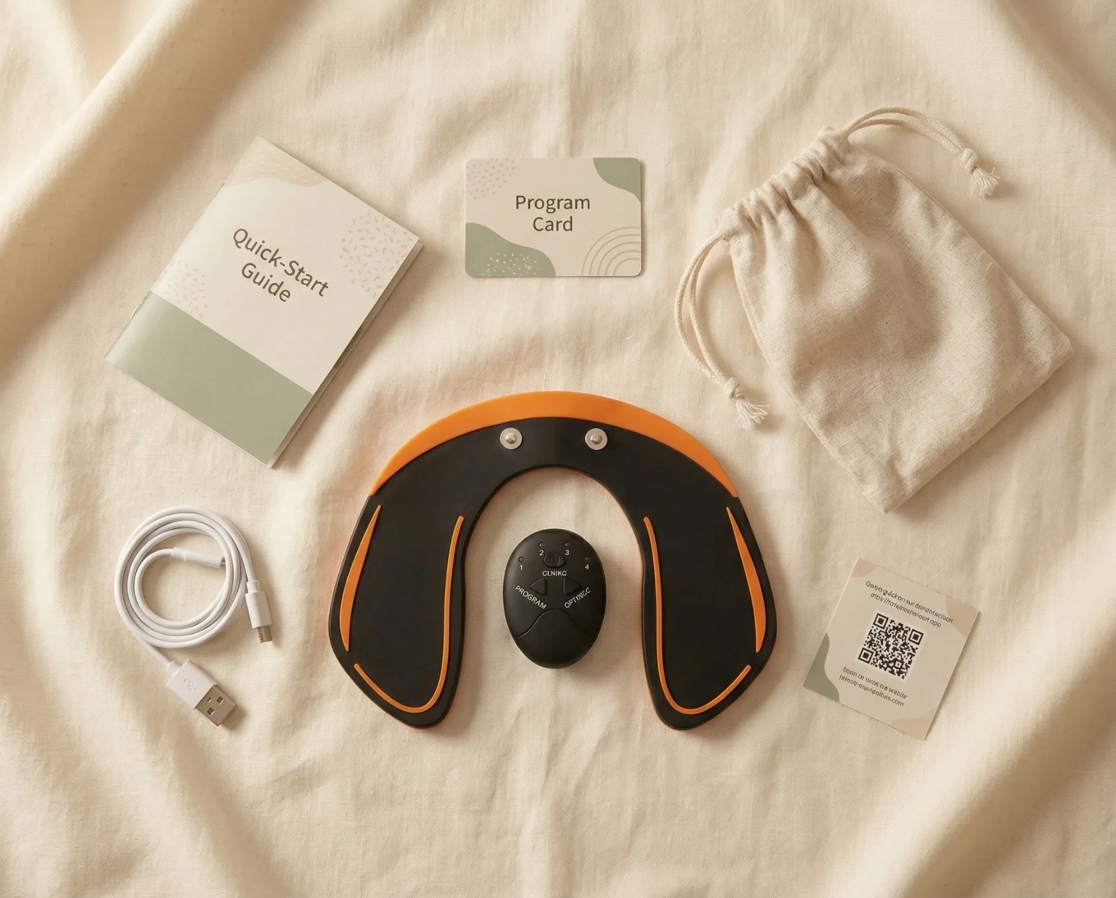 Zawartość zestawu: urządzenie EMS, instrukcja szybkiego startu, karta programu, kabel USB, etui